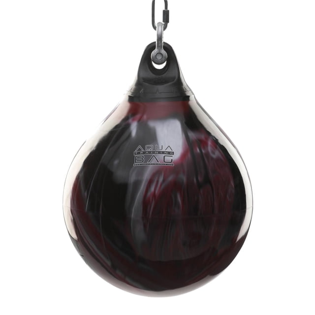 ATB 18" 120lb. Training Bag - Blood Red, a teardrop-shaped water-filled punching bag with a glossy marbled blood red and black vinyl surface, suspended by a metal shackle and carabiner, ideal for boxing, MMA, and fitness training.