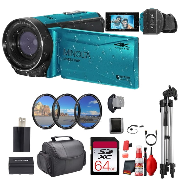 MINOLTA MN4K300WP Caméscope Vidéo Étanche 4K Ultra HD / 56 MP (Bleu) Ensemble avec Carte Mémoire 64 Go + Trépied pour Appareil Photo + Plus d'Accessoires