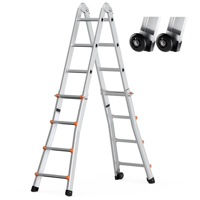 KFFKFF Telescoping Ladder A Frame, 13 FT Compact Aluminum Extension Ladder with a multi-functional and foldable design. This portable and collapsible RV ladder features a sturdy A-frame structure with non-slip foot caps for enhanced safety. The ladder is shown fully extended with its aluminum alloy construction, telescopic mechanism, and dual wheels for easy transport. It offers three adjustable angles (35°, 107°, and 180°) and a maximum load capacity of 330 lbs, making it suitable for indoor and outdoor tasks such as home repairs, gardening, and roof access.