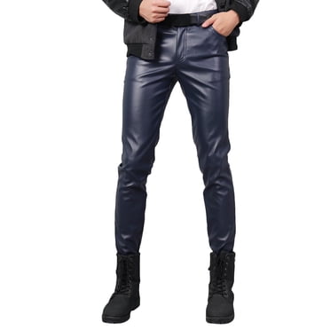 SGMVNU Mens Casual Pants Slim Fitting Leather Pants Leggings Tight Elastic Warm Trend Motorcycle Leather Pants Outdoor Joggers Pants(Blue, Size 30/M)
