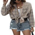 thumbnail image 3 of Fashion Womens Long Sleeve Plaid Patchwork Shirts Flannel Lapel Button Down Shacket Jacket Coats, 3 of 6