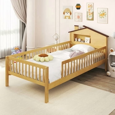 Gymax Twin Size Kids Bed Solid Wood Platform Bed w/ Under-bed Storage & Storage Cube Natural
