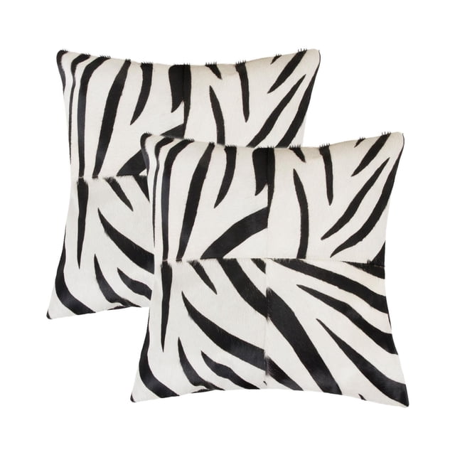 TORINO TOGO QUATTRO COWHIDE PILLOW 18"X18" 2-PACK with two square decorative throw pillows featuring black and white zebra stripe patterns, crafted from 100% natural Indian cowhide with hand-stitched panels and hidden zipper closure, ideal for layering in home décor and adding natural texture.