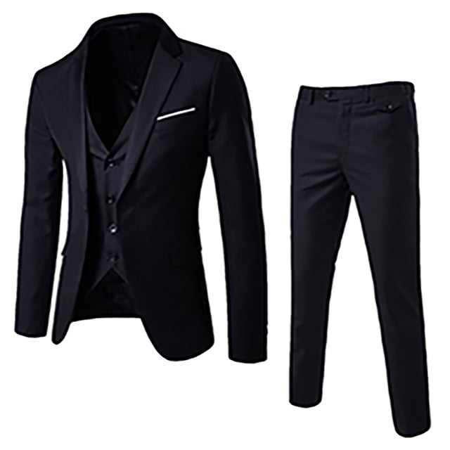 Veste de Complet pour Homme + Gilet + Pantalon de Complet Ensemble Trois Pièces au design Noir Épuré. Comprend une Veste Ajustée avec Revers Cranté, un Gilet Assorti et un Pantalon Ajusté. Fabriqué en Matériau polyester durable, Idéal pour les Tenues Formelles, les Sorties Décontractées Ou les Événements d'Affaires. Offert en Tailles P à TTTG.