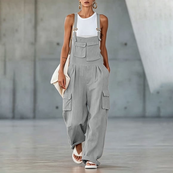PEONAVET Wide Leg Pants Womens Loose Wide Leg Cargo Overalls Multi Pockets Casual Adjustable Strap Long Jumpsuit