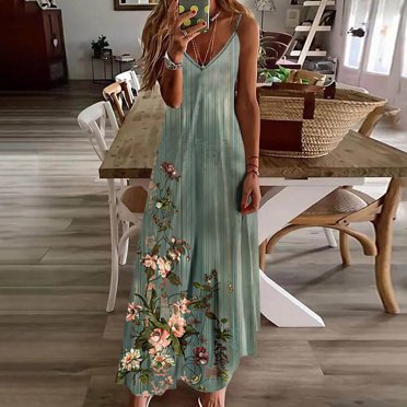 Babysbule Clearance Womens Summer Dresses, Women Casual Floral V-Neck Sleeveless Plus Size Summer Spaghetti Strap Dress