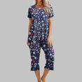 thumbnail image 2 of Mikilon Pyjama Décontracté pour Femmes, Ensemble de Sommeil Mode Imprimé à Manches Courtes, Pantalon Capri, 2 Pcs, Col Rond, Tenue de Détente Décontractée avec Poches, Ensemble 2 Pcs, Bleu Marine, G, 2 of 8