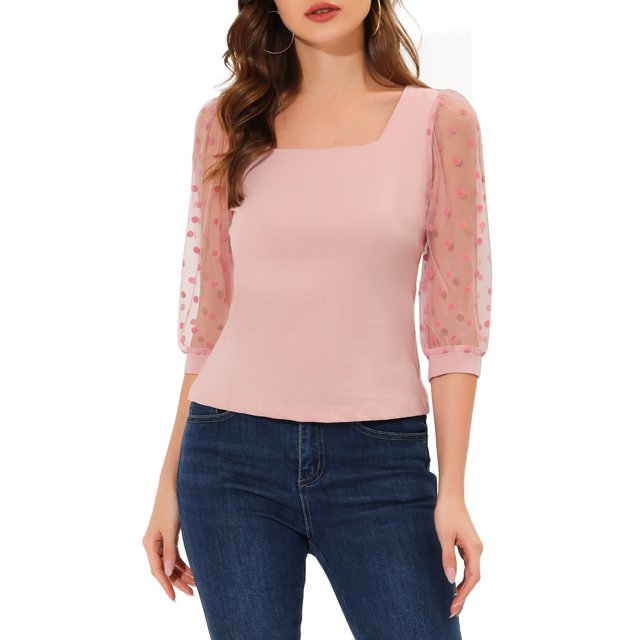 INSPIRE CHIC Blouse pour Femme à Pois, Encolure Carrée, Maille Semi-Transparente, Manches 3/4