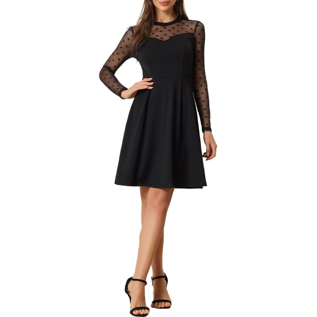 INSPIRE CHIC Robe Patineuse de Soirée pour Femme en Maille Transparente à Manches Transparentes avec Cœurs, Taille P, Noire à Pois. Cette Robe en Maille Transparente Présente un Col Ras du Cou, de Longues Manches en Maille avec Motif à Pois en Forme de Cœur, et une Jupe Flottante Rétro Idéale pour les Occasions Décontractées, les Fêtes, les Cocktails Ou les Soirées.