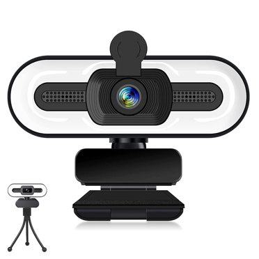 Caméra Web 1080P avec Microphone, Caméra Facecam Full HD pour Diffusion en Direct avec Anneau Lumineux, Trépied, Rayon de Pivotement à 360°, Caméra USB pour PC