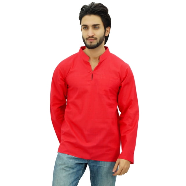 Atasi Kurta Court Pêche à Col Officier pour Homme en Coton Tunique Décontractée - Petit