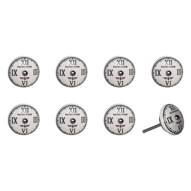 KNOB-IT VINTAGE HANDPAINTED CERAMIC KNOBS (8 Pack) K000001 featuring eight round ceramic cabinet knobs with a vintage clock face design including Roman numerals XII, III, VI, and IX, black decorative dots and scrollwork, and a central metal bolt, arranged in two rows on a white background, ideal for updating furniture hardware and drawer pulls.