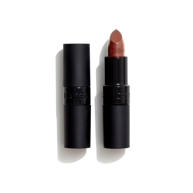 GOSH-Velvet Touch Matt Lipstick Matt Antique with one closed and one open tube showing creamy matte brown lipstick bullet embossed with GOSH, in sleek black matte casing, offering long-lasting, highly pigmented colour and moisturizing hyaluronic acid for soft lips.