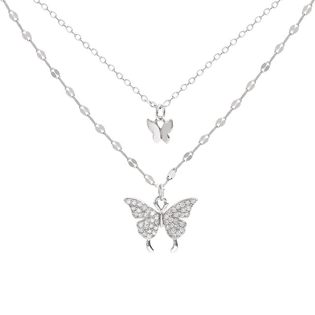 Collier Zircon Papillon Double en Argent 925 Mode Clavicule Bijoux pour Femmes Cadeaux