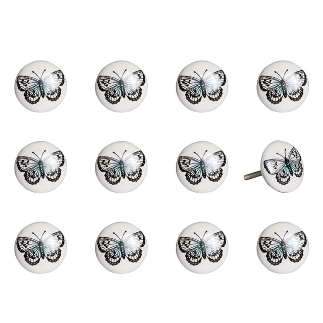 KNOB-IT vintage handpainted ceramic knobs 12-pack featuring round white knobs with black and light blue butterfly designs, 1.5-inch diameter and 1.25-inch bolts that can be trimmed to size, arranged in three rows on a white background, ideal for cabinets, drawers, and cupboards.
