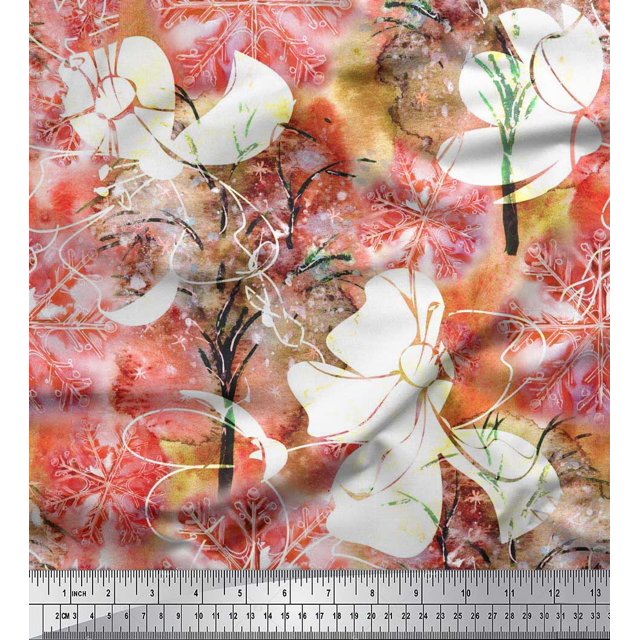 Soimoi Modal Satin Fabric Snowflake & Tree Watercolor Print Fabric by the Yard 42 Inch Wide
