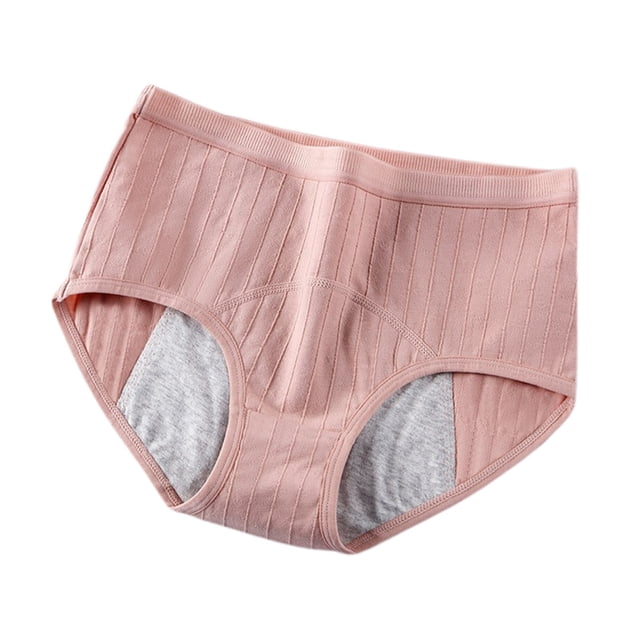 Women's Leak-Proof Soft & Breathable Physiological Underwear in a light pink ribbed design. This high-rise style features a thick supportive waistband and full back coverage, offering comfort and confidence during menstruation or postpartum. Made from recycled fabric with UPF 50+ protection, it includes an organic absorbent lining that can handle up to 10ml of menstrual blood or light leakage. Available in sizes M to XXL.
