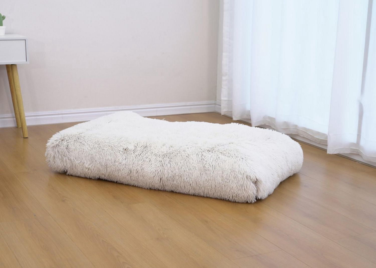 Home4Cat Large Rectangle Long Faux-Fur Dog Bed, Off-White, 37.8" x 22"
