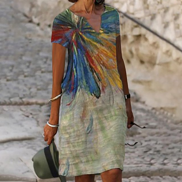 SMihono Robe d'Été Bohème pour Femmes Grande Taille Robes à Manches Courtes Mode Fleurs Imprimées Taille Robe d'Été Col en V Longueur Genou