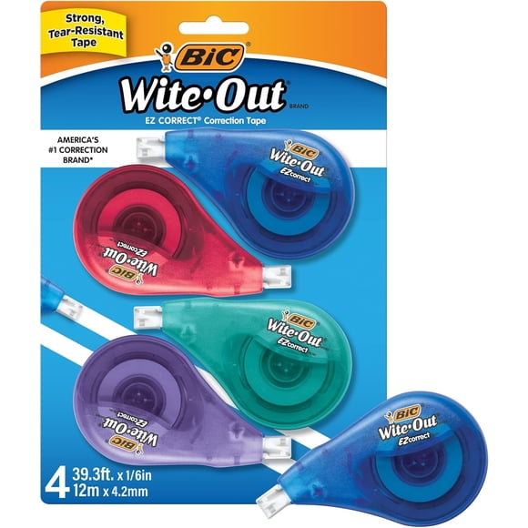 BIC Wite-Out EZ Correct Correction Tape, White, No Dry Time, Tear Resistant Tape, 4-Count