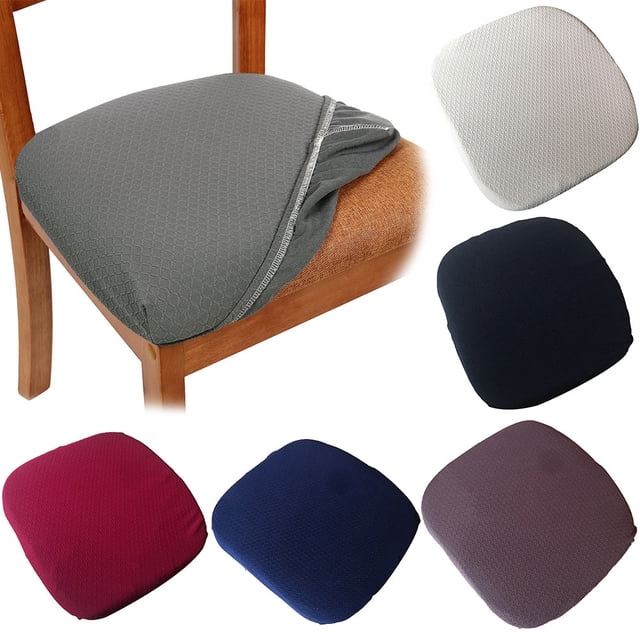 Cheers removable anti-slip elastic chair cover protector for kitchen and dining room seats, shown in multiple colors including grey, white, red, navy blue, and black. Made of polyester and spandex with a high-density fabric to protect against stains. Features an elastic band for a snug, non-slip fit, suitable for square seat surfaces measuring 35cm to 42cm (13.7 to 16.5 inches). Ideal for home, restaurants, or special events.