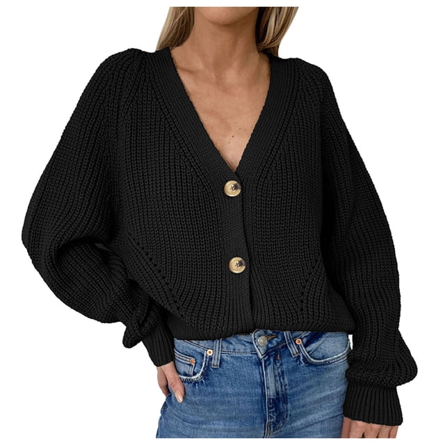 Lace cardigan for women in a solid black knit design with a V-neck and long sleeves. This button-down sweater features two tan buttons for closure and is styled casually with blue jeans. Made from polyester and acrylic, this lightweight cardigan is perfect for autumn and winter wear, ideal for women's sweaters, daily casual, work, or party occasions.
