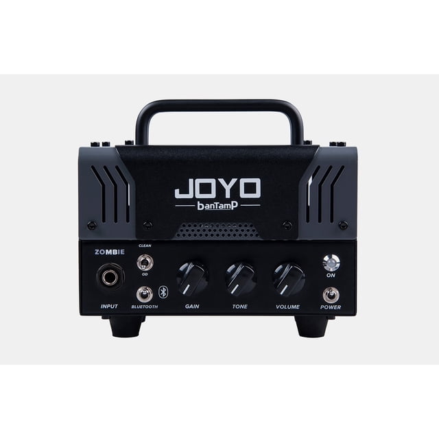 JOYO ZOMBIE (DUAL RECTIFIER) AMP HEAD, a compact amplifier head with a black metal design and a top handle. The front panel includes gain, tone, and volume knobs, input jack, Bluetooth connectivity, and a clean/overdrive switch. Features a 12AX7 tube preamp and solid-state power amp for high-gain sound. Includes an FX loop, headphone output with speaker emulation, and an 8Ω speaker output. Suitable for live performances, practice, and versatile sound setups.