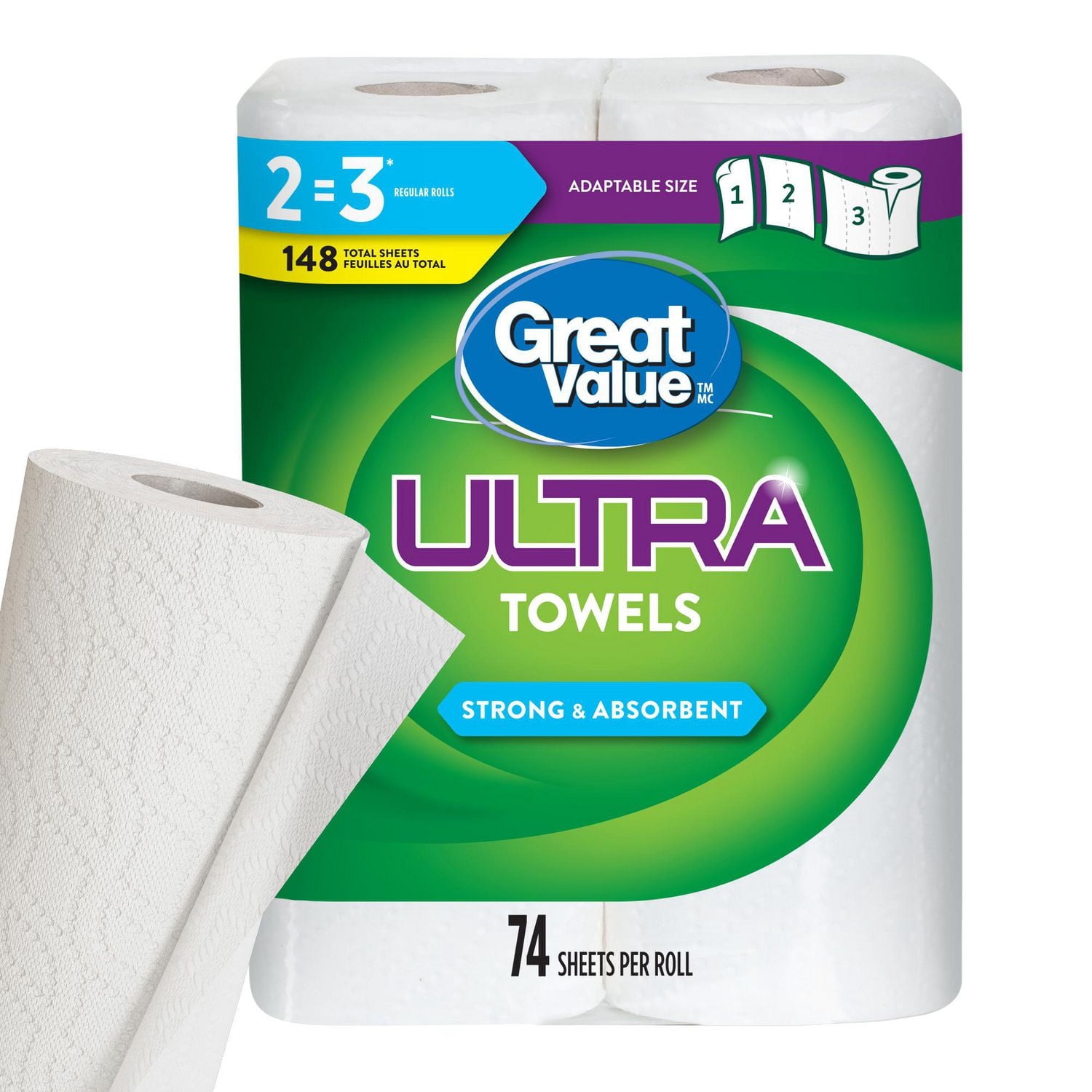Great Value Ultra Paper Towel, 2 Rolls, 74 Sheets per Roll