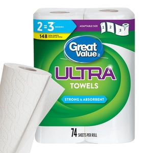 Great Value Ultra Paper Towel, 2 Rolls, 74 Sheets per Roll