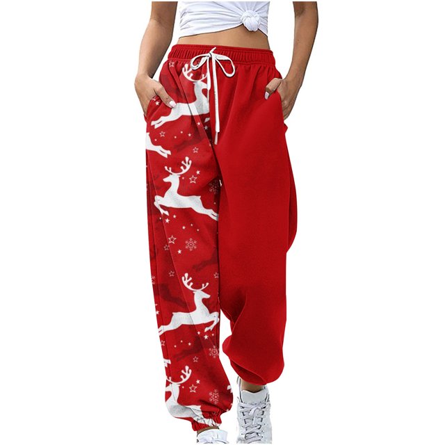 LSLJS Women's Pocket Loose Pants Sports Pants Drawstring Christmas Printed Guards Casual Pants