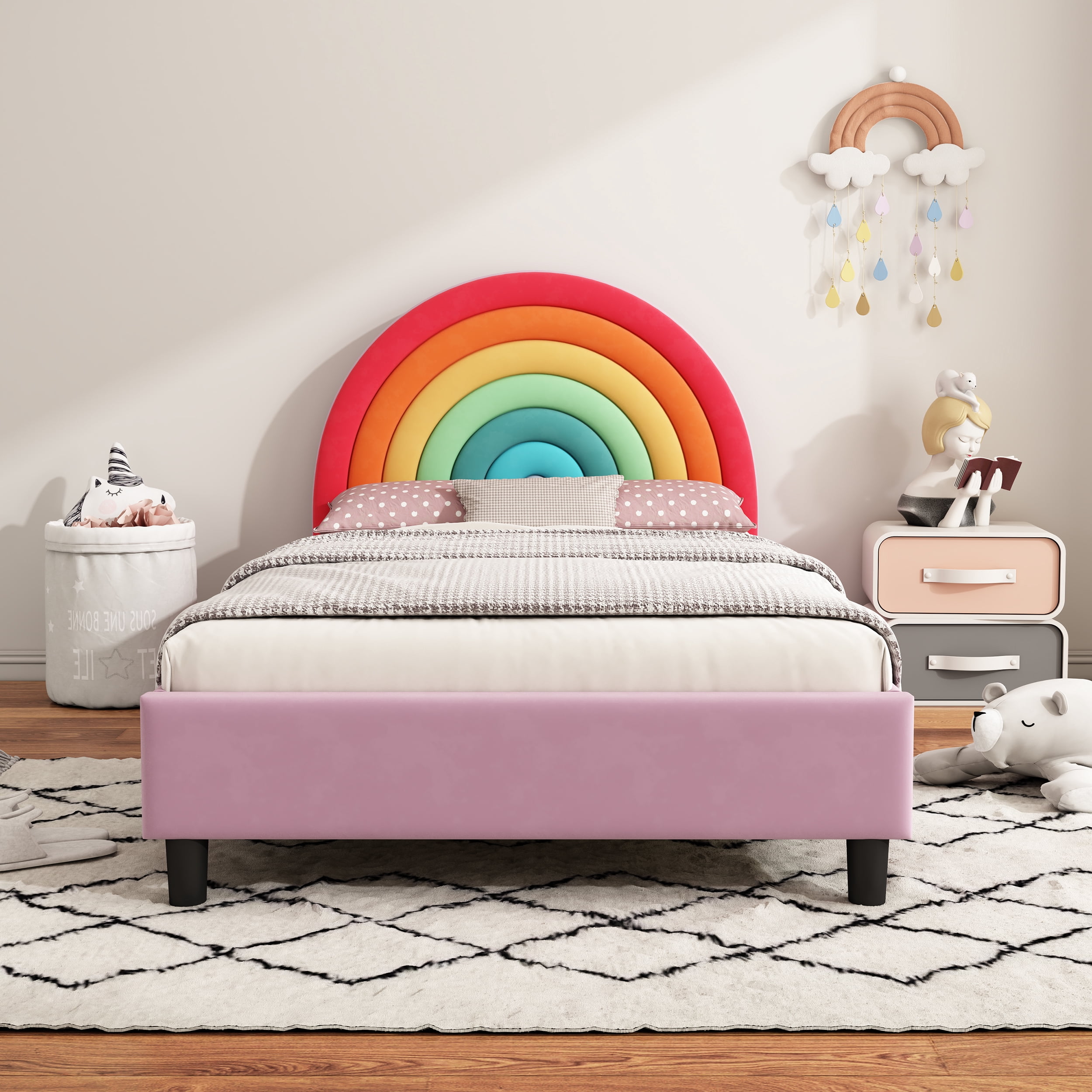 Lit plateforme double capitonné Noble House, motif basketball, style sport, orange, pour garçons, filles et adolescents