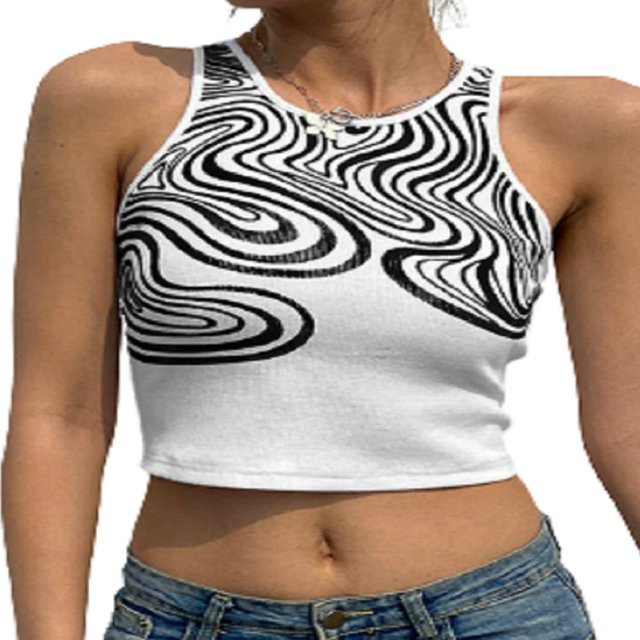 Women Y2k Close-fitting Camisole Printed Pattern Round Collar Sleeveless Crop Tops Brown S