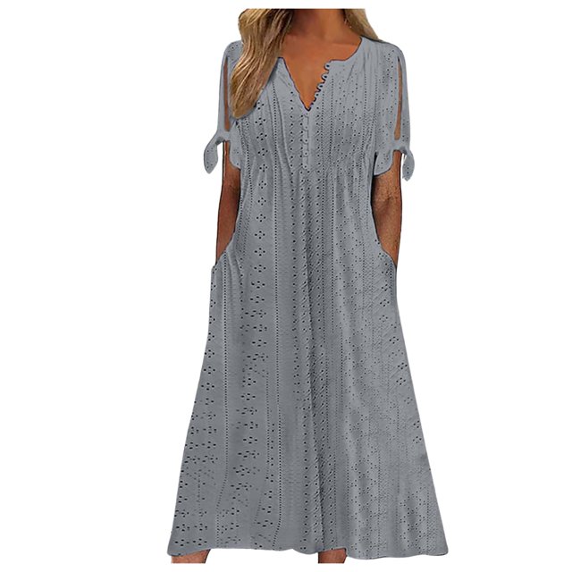 Kcodviy Robe Décontractée Plissée pour Femme Robes d'Été pour Femme Décontractées Unies en Dentelle Ajourée à Boutons Robe pour Femme avec Poches Robe à Nœud Courte Robes Midi d'Été pour Femme Manches Robe Midi à Col en V