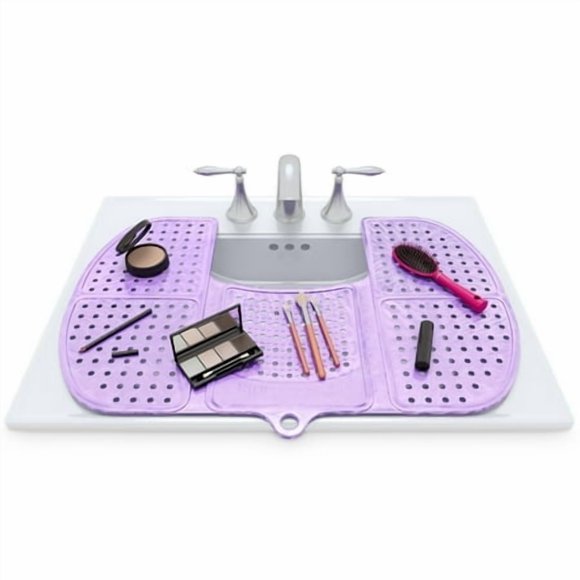 Sink Topper Foldable Silicone Makeup Brush Cleaning Mat | Heat Resistant Bathroom Cover & Organizer for Counter Space | Travel Essential | Large, Lavender