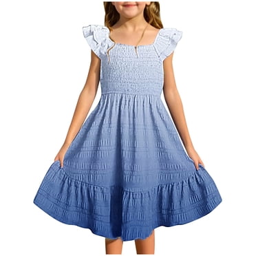 MIASHUI Robes pour Filles à Manches Volantées Extensibles, Coupe Trapèze Évasée, Robe d'École, Bleu, 15-16 Ans