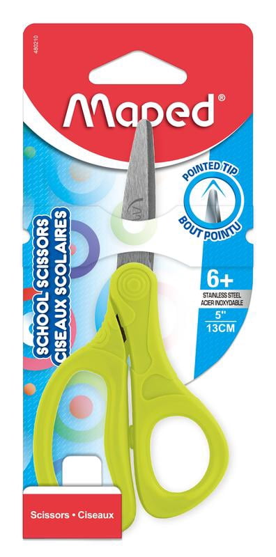 Maped ciseaux Essentials Kids, Lames 5 pouces, bouts pointus, anneaux ambidextres, Vert Neon