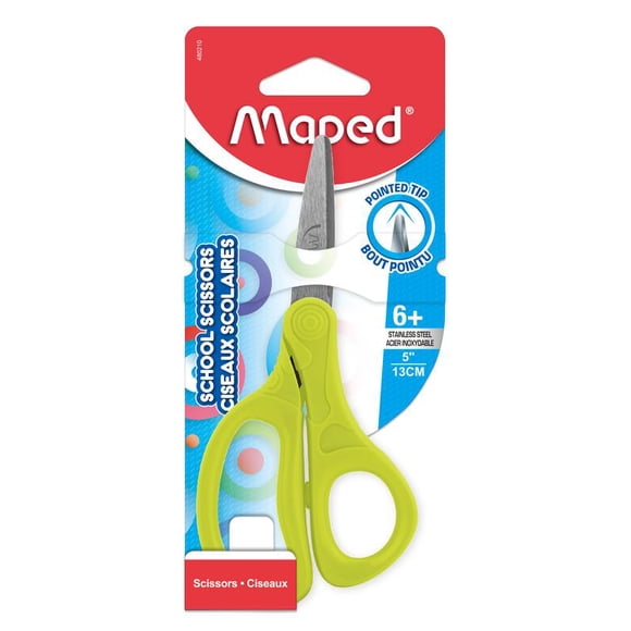 Maped Essentials Kids Scissors, 5 Inch Blades, Pointed, Ambidextrous Handle, Neon Green