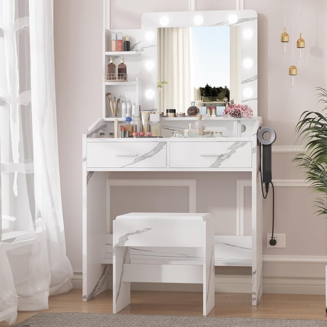 Ourlova Vanity Desk with Mirror & Lights, Makeup Vanity with Power Outlet, 3 Lighting Modes, 2 Drawers