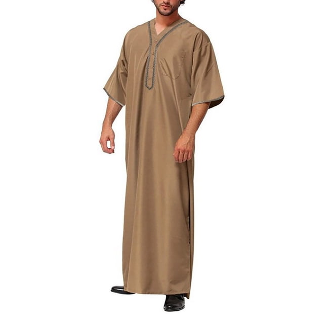 XZNGL Mens Muslim Robe Set Arab Middle Robe Long Sleeve Standing Neck Pocket Button Casual Robe