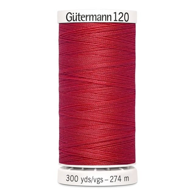 Gutermann 120 100% polyester all purpose thread spool in red, tightly wound on a white plastic core labeled with brand and length 300 yards (274 meters), suitable for machine and hand sewing woven, knit, and synthetic fabrics, also often used for craft and DIY projects.