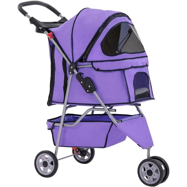 FDW 3-Wheel Folding Pet Stroller Travel Carrier for Cats & Dogs, Model T13, Purple