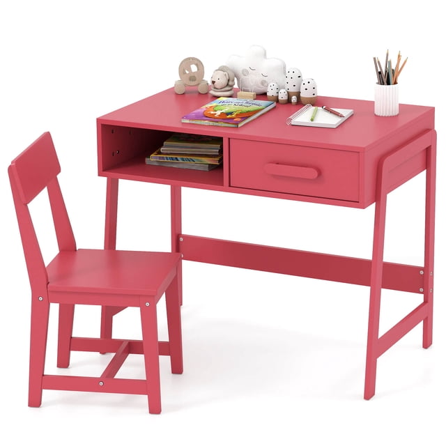 Costway Kids Desk and Chair Set with Storage Drawer and Hutch, Student Writing Desk Set Pink