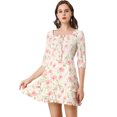 thumbnail image 1 of Unique Bargains Robe Courte à Étages pour Femme à Imprimé Floral, Col Noué, Manches 3/4, 1 of 6