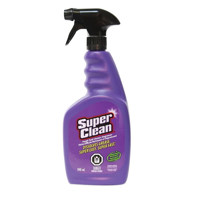 Super Clean 946 ml purple spray bottle with black trigger, industrial strength degreaser that quickly dissolves grease, oil, wax, tar, and dirt on contact, biodegradable and phosphate-free formula ideal for automotive maintenance and equipment cleaning