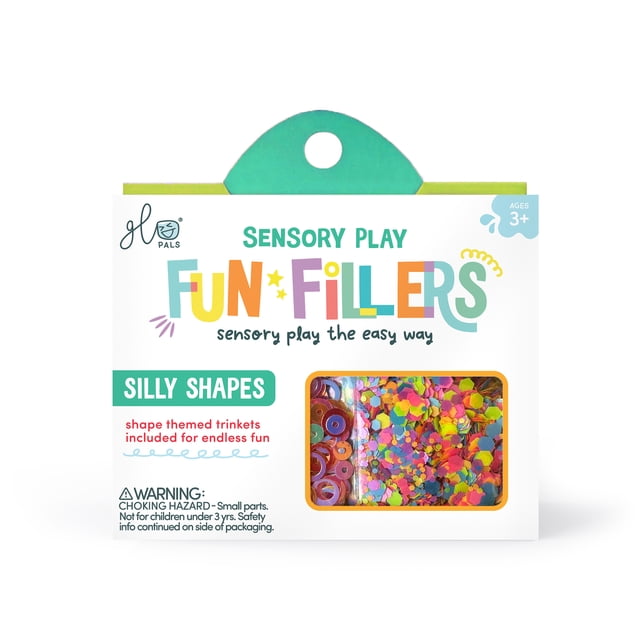 Glo Pals Fun Fillers Jouet Sensoriel pour Enfants à Thème Formes Amusantes. l'Emballage Présente un Texte Coloré et une Fenêtre Transparente Affichant des Accessoires Sensoriels Vibrants et Réutilisables en Diverses Formes et textures. Conçu pour les 3 Ans et Plus, Il Complète les Bacs Sensoriels Ou le Pot de Jeu Sensoriel Glo Pals.