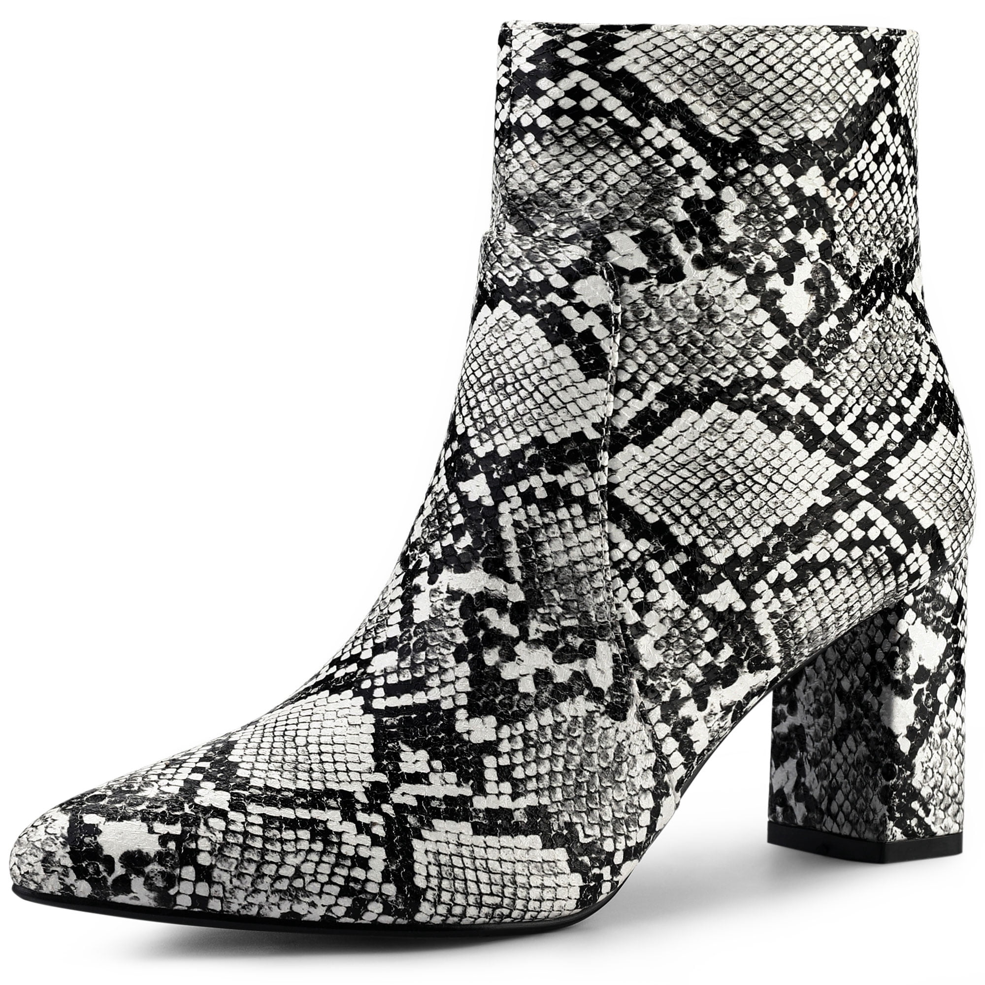 Unique Bargains Women's Pointed Toe Snake Print Chunky Heel Ankle Boots