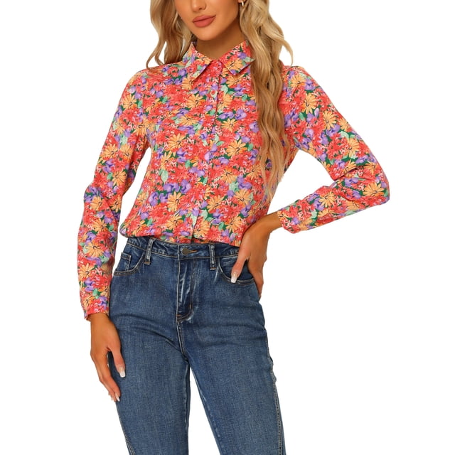 INSPIRE CHIC Chemise Boutonnée pour Femme à Petites Fleurs à Manches Longues Col en Pointe Haut de Bureau TG Orange