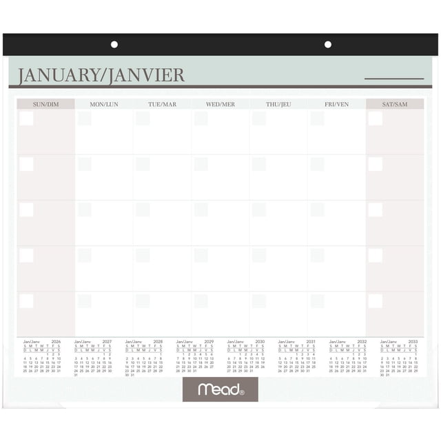 2027 Mead® Calendrier de Bureau Mensuel Non Daté, 19-3/4” x 17”, Ouvert à Janvier avec En-Têtes Jour Bilingues Anglais/français, Blocs Quotidiens Non Lignés pour les notes, Bandeau en Papier Noir avec Oeillets pour Suspendre, et Références d'Années Passées et Futures le Long du Bas.