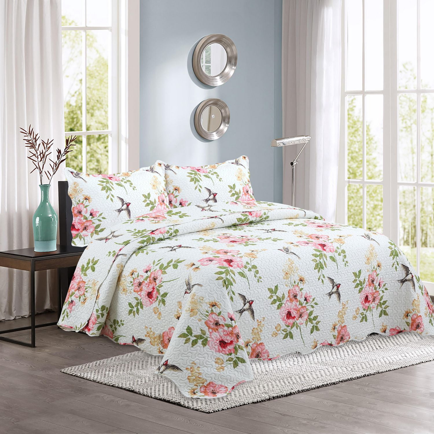 Marina Decoration Couvre-lit Pinsonic imprimé en relief, ensemble de couette d'été ultra doux avec taies d'oreiller, motif floral rose et oiseaux