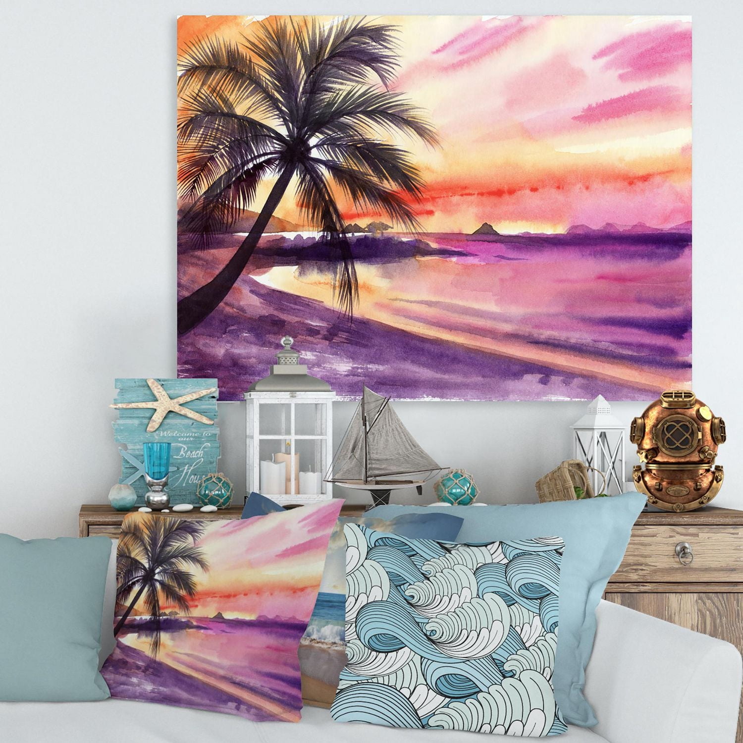 Designart Pink and Purple Palm Beach Sunset Canvas Wall Art